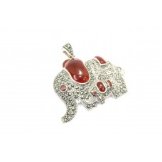 Handcrafted Elephant & Baby Pendant 925 Sterling Silver Marcasite & Orange Stone